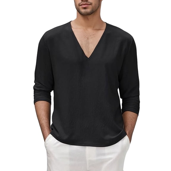 Rggeeun Mens T-Shirts Solid Color Long Sleeve V Neck Loose Fit Soft Breathable for Summer Evening Party Cool Tee,Black,Xl