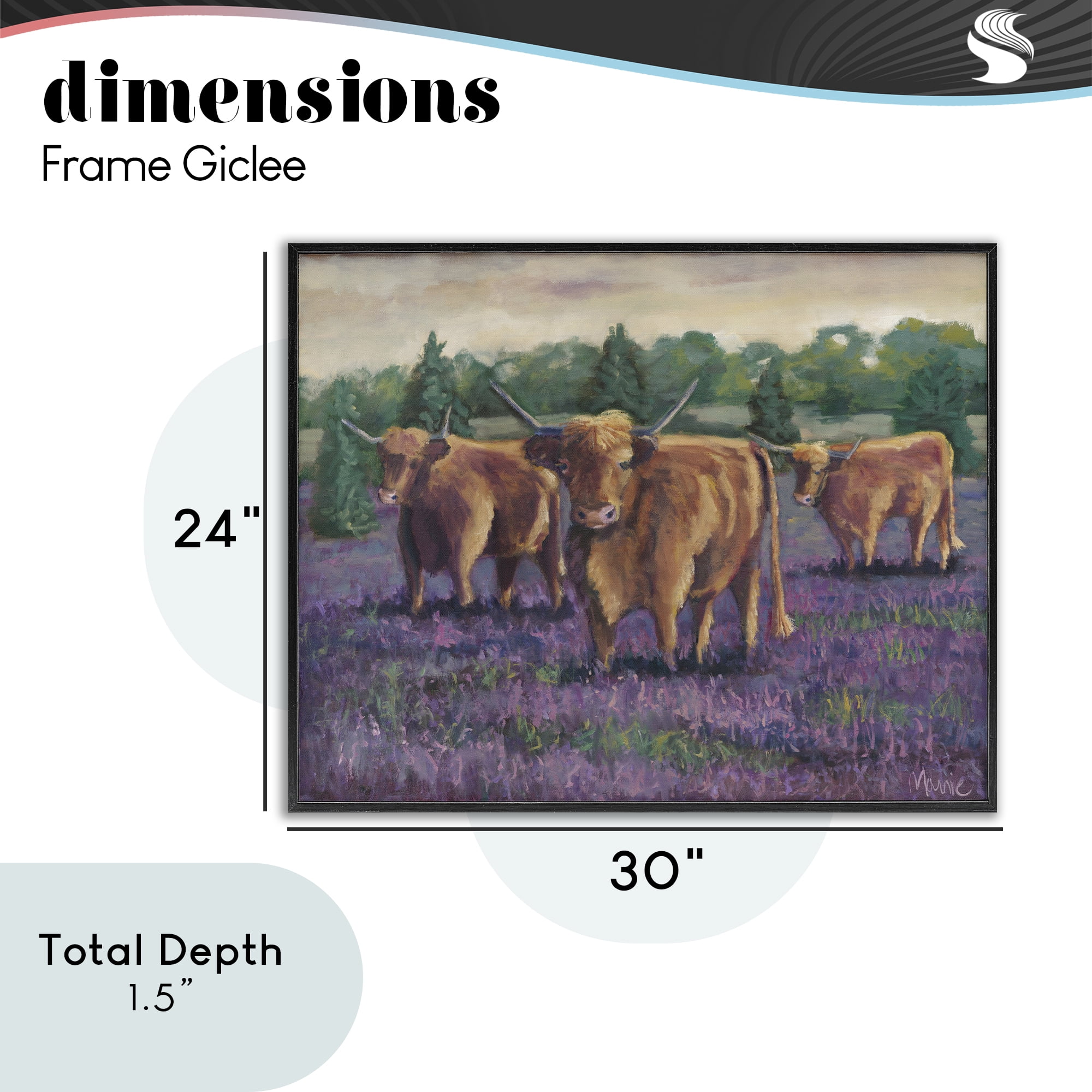 Purple Fields & Cows Black Framed Giclee Art, design by Marnie Bourque