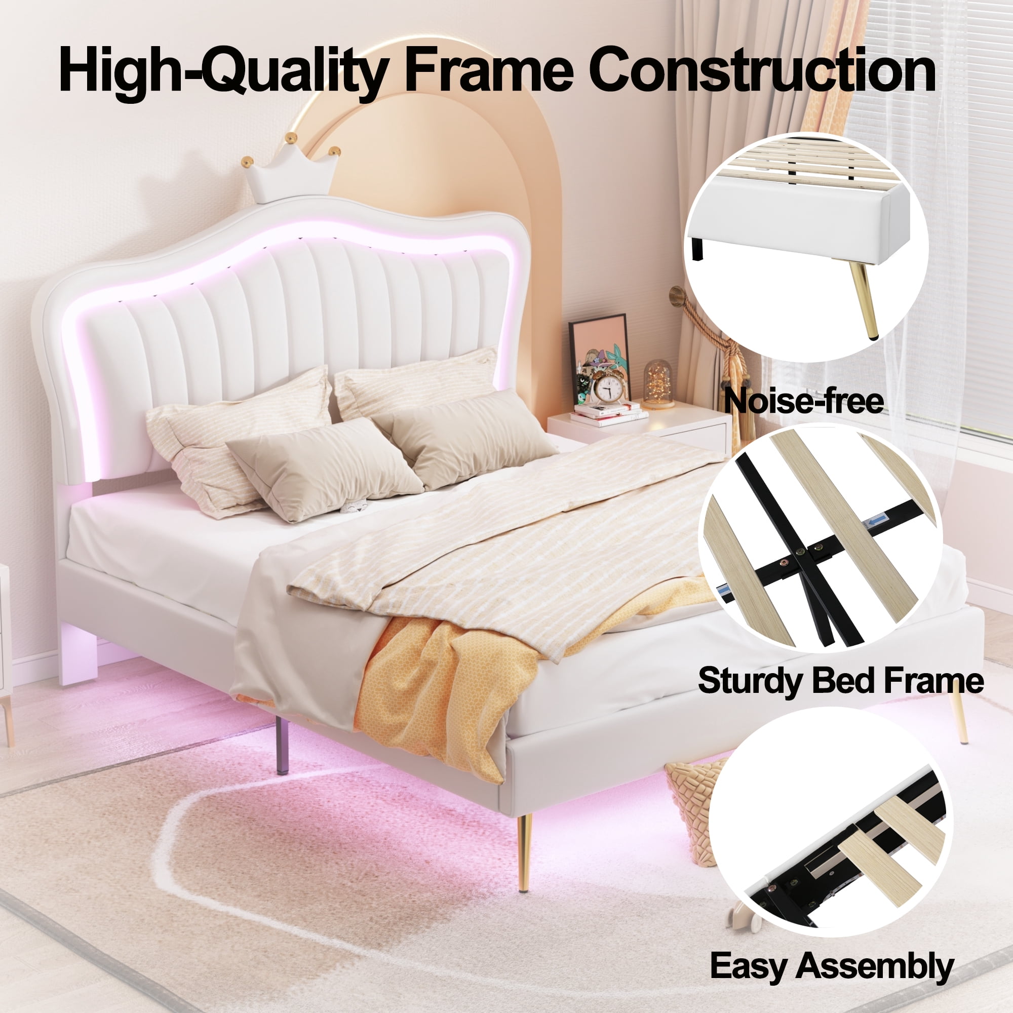 Aukfa Queen Upholstered Bed Frame with Crown Headboard and LED Lights, PU Princess Bed for Kids - White