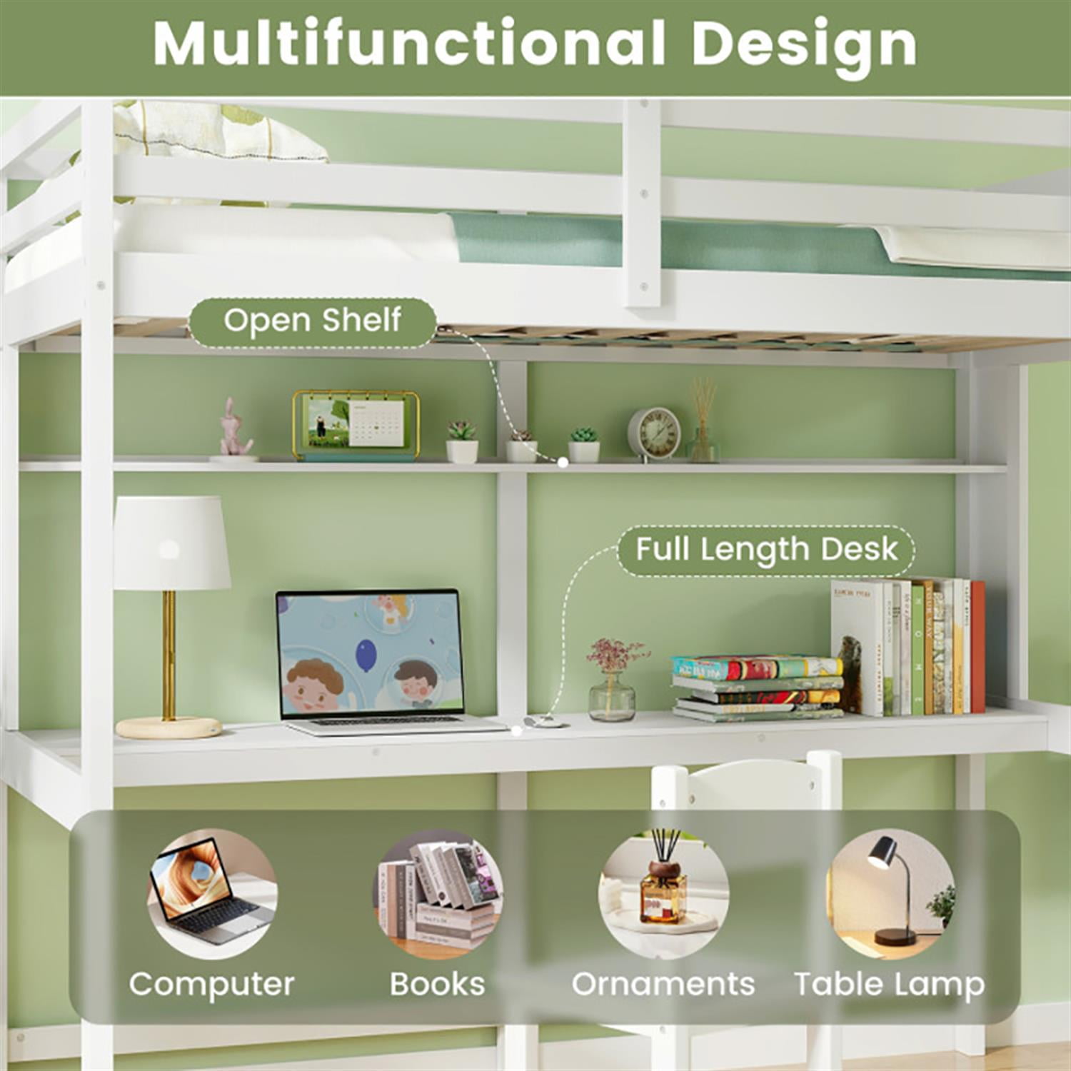 Demi Bonn Loft Bed Twin Size, Solid Wood Low Loft Bed with Guard Rail and Ladder, Modern Wooden Loft Bunk Bed Frame, White