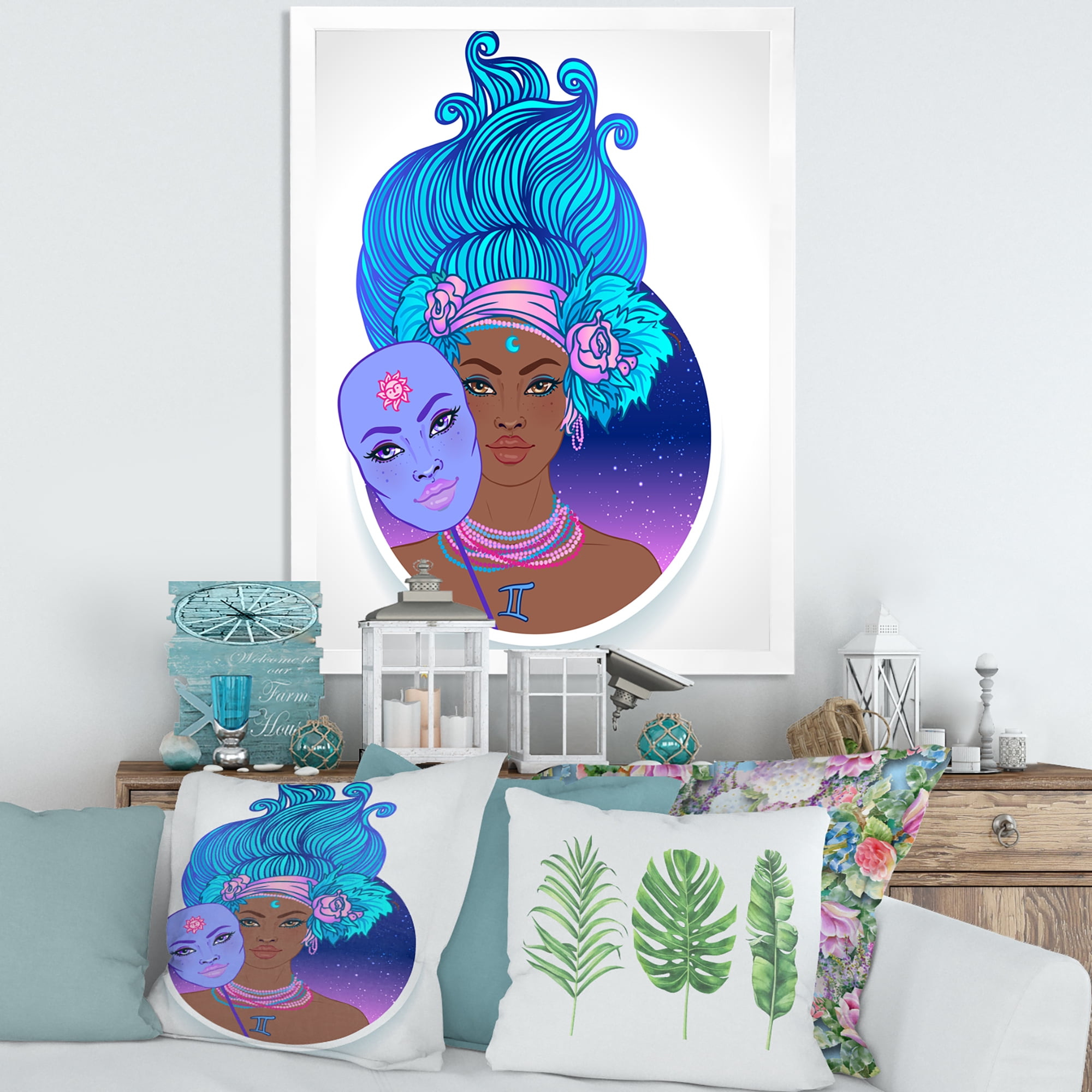 Designart 'Portrait of Afro American Girl With Blue Hair II' Modern Framed Art Print