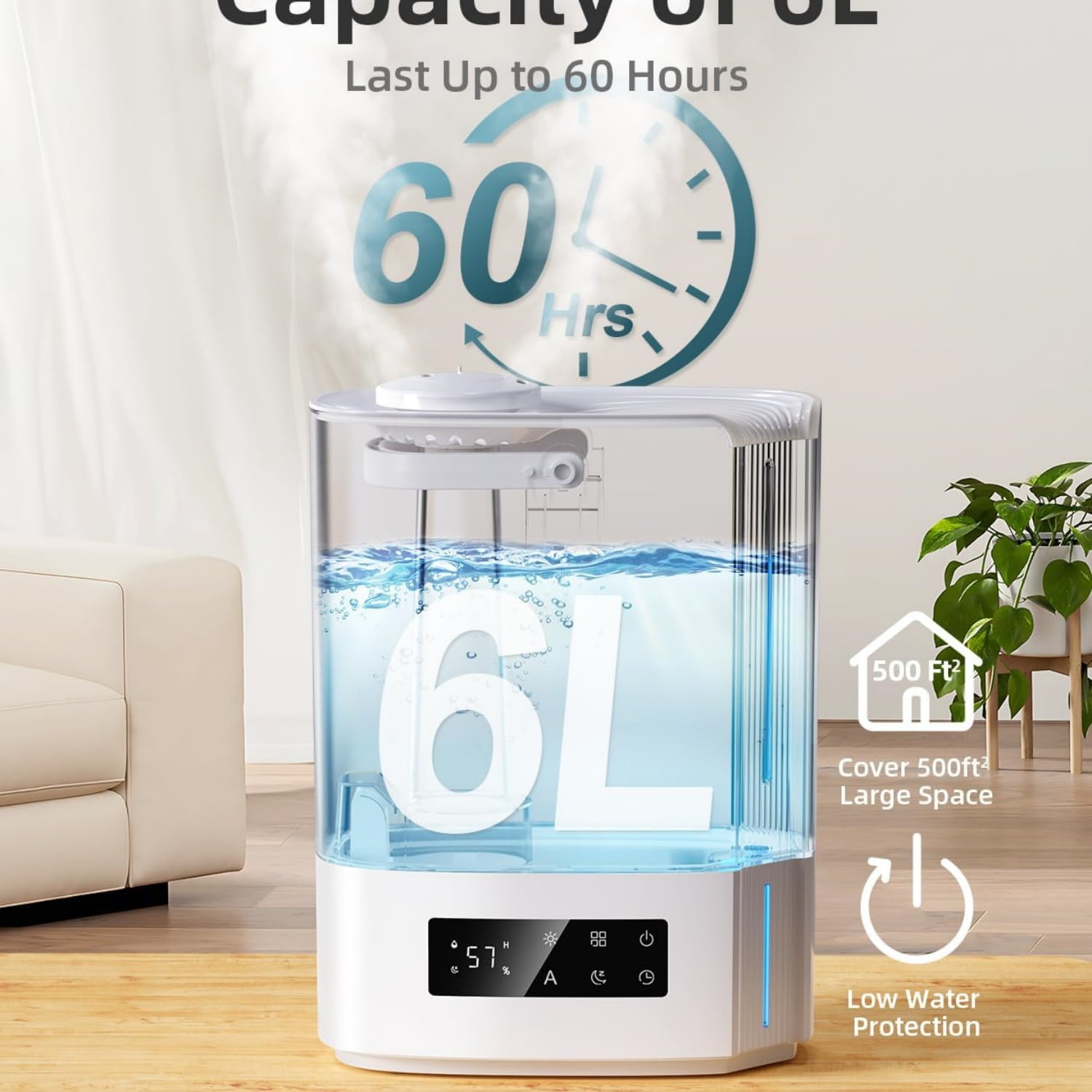 6L Humidifiers for Bedroom Large Room & Essential Oil Diffuser, Ultrasonic Top Fill Cool Mist Humidifiers for Baby, Plants, Nursery Last up to 60 Hours, Smart Humidistat Control, Quiet
