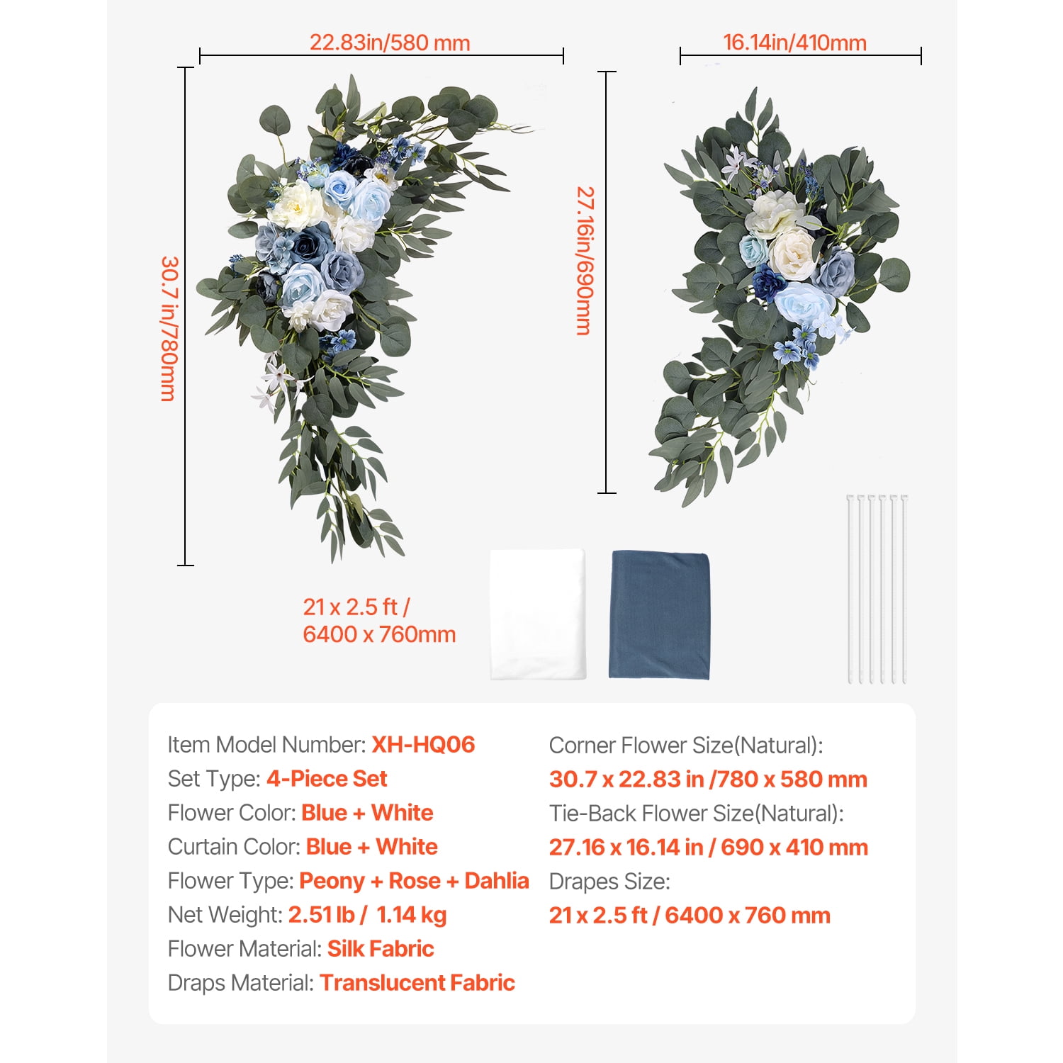 KFFKFF Faux Wedding Arch Flower Set, Azure Bridal Arch Flower and Drapery Kit (Set of 4) - Includes 2 Floral Assemblies, 2 Transparent Drapes, Ideal for Nuptial Bouquets and Reception Backdrop Decor