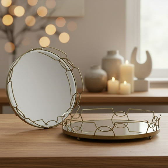 Jacinta Metal Tray Set with Mirror Surface and Handles (Set of 2)