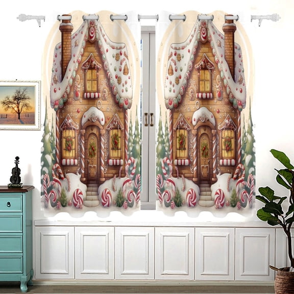 Gingerbread House Cookies Trees Curtain Black Out Thermal Insulation Curtains Aesthetic 54 Inch Length for Bedroom Living Room 2 panels set