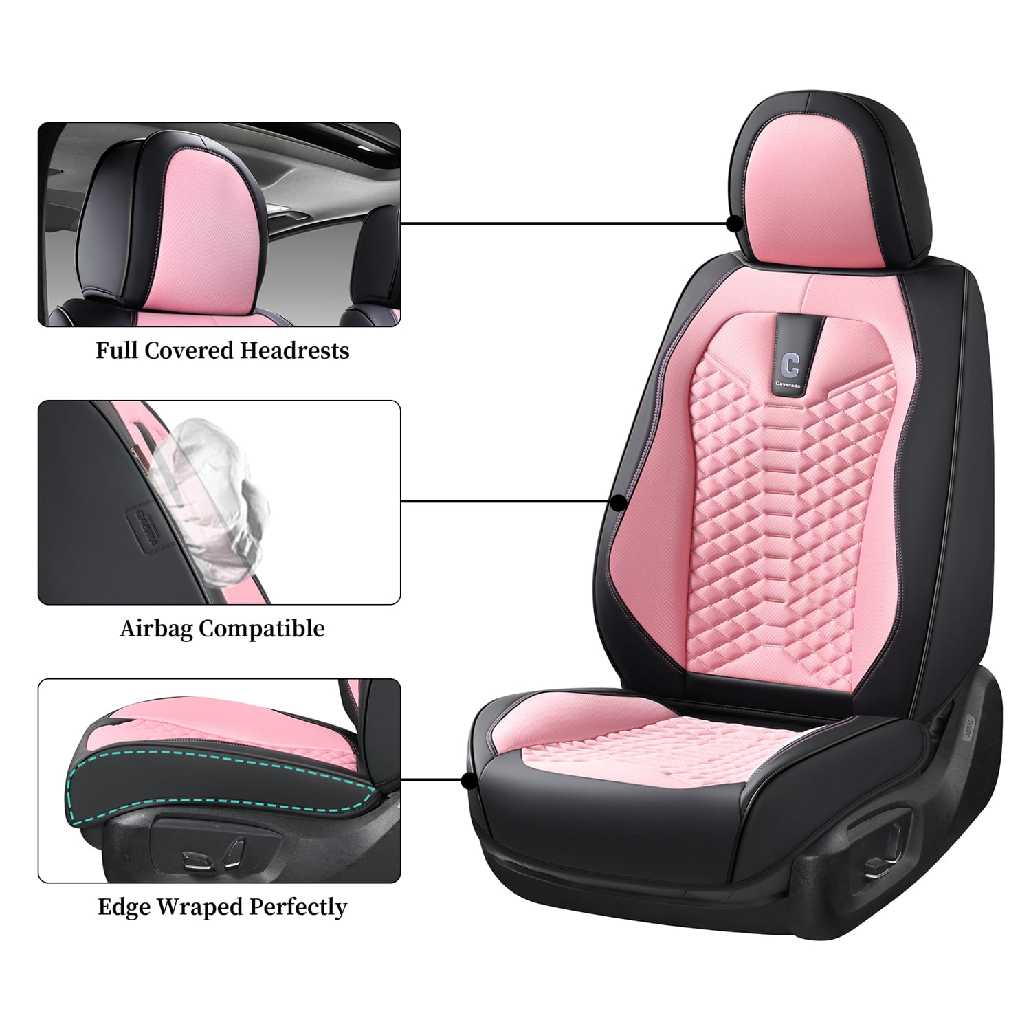 Coverado Pink Car Seat Covers Full Set for Women, 5 Seats Leather&Fabric Breathable Front and Back Auto Protectors, Universal Car Interior Cushions Fit Most Sedans SUV Pickup Trucks