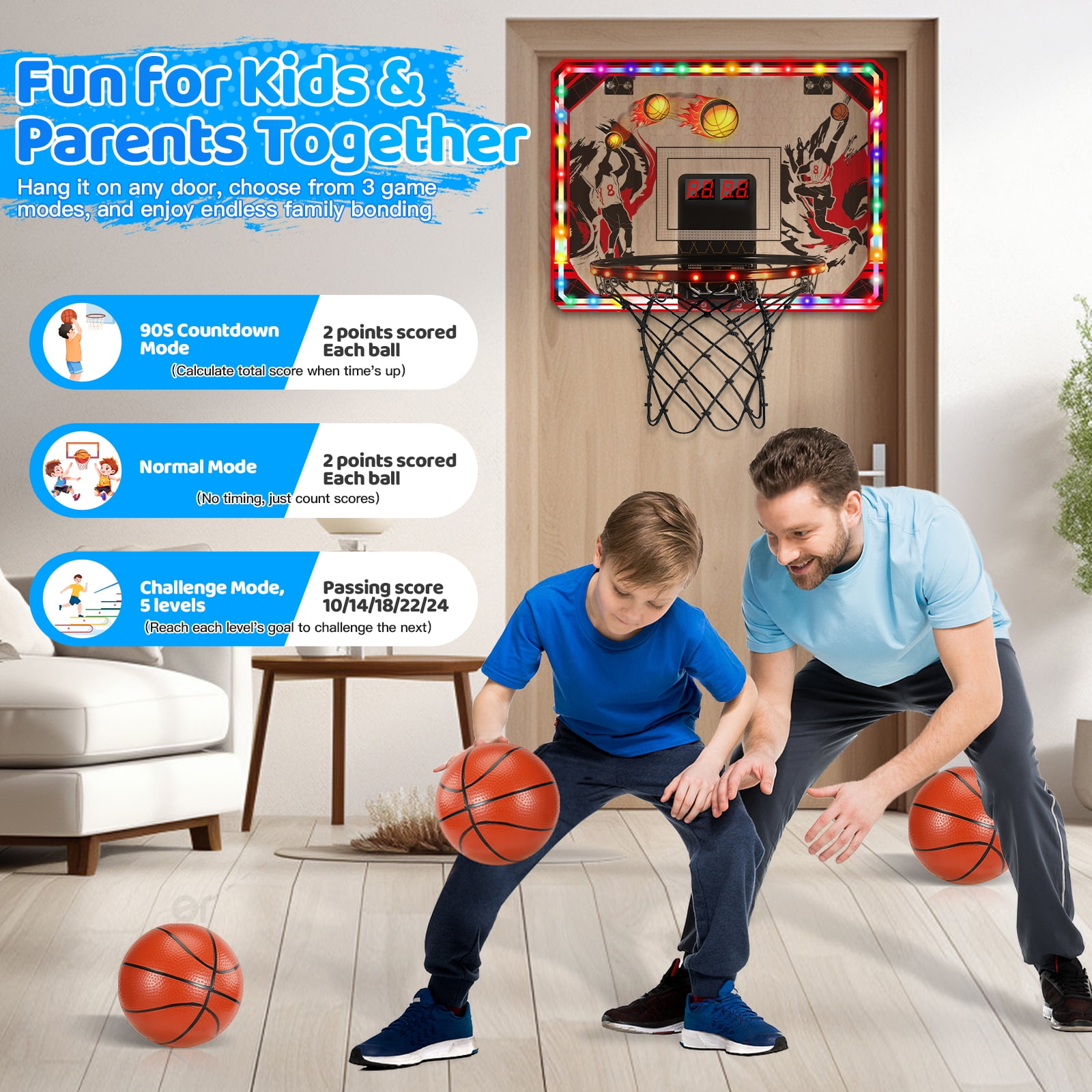 Quiet Flower Toy Basketball Hoop Over Door Indoor with LED Light, Scoreboard, 6 Modes, 3 Balls, 1-Pack