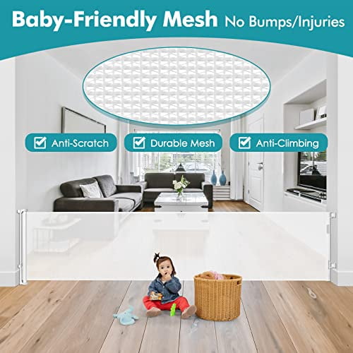 140 Inch Wide Retractable Baby Gates Retractable Dog Gate for Large Openings, Extra Wide Baby Gates for Dogs Indoor Retractable Gate Outdoor Pet Gate, Mesh Gates for Kids or Pets Dog Fence, White