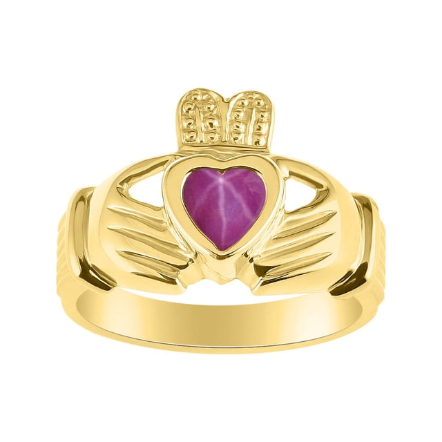RYLOS Rings Gold Plated Silver Claddah Love, Loyalty & Friendship Heart 6MM Gem Irish Wedding Band Claddagh Rings Star Ruby Jewelry Size 11