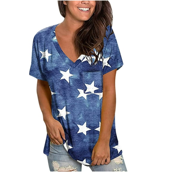 Womens Tops Dressy Casual,Women's V Neck T Shirt Summer American Flag Tunic Tops Casual Short Sleeve Patriotic Flowy Blouse Shirt
