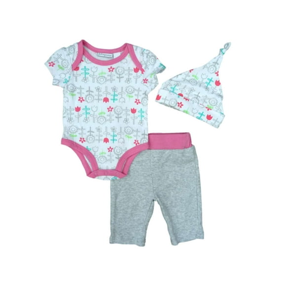 First Impressions Infant Girl 3 PC Outfit Flower Bodysuit Gray Leggings Hat 12m