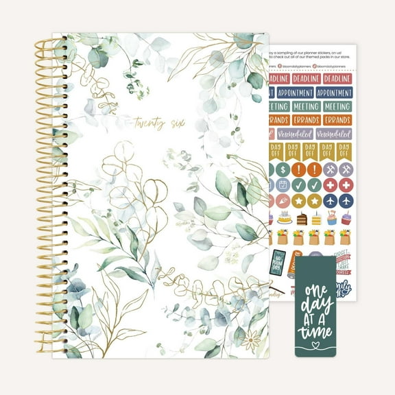 bloom daily planners 2026 Weekly & Monthly Planner, 5.5" x 8.25", Eucalyptus, White, Soft Cover with Stickers & Bookmark