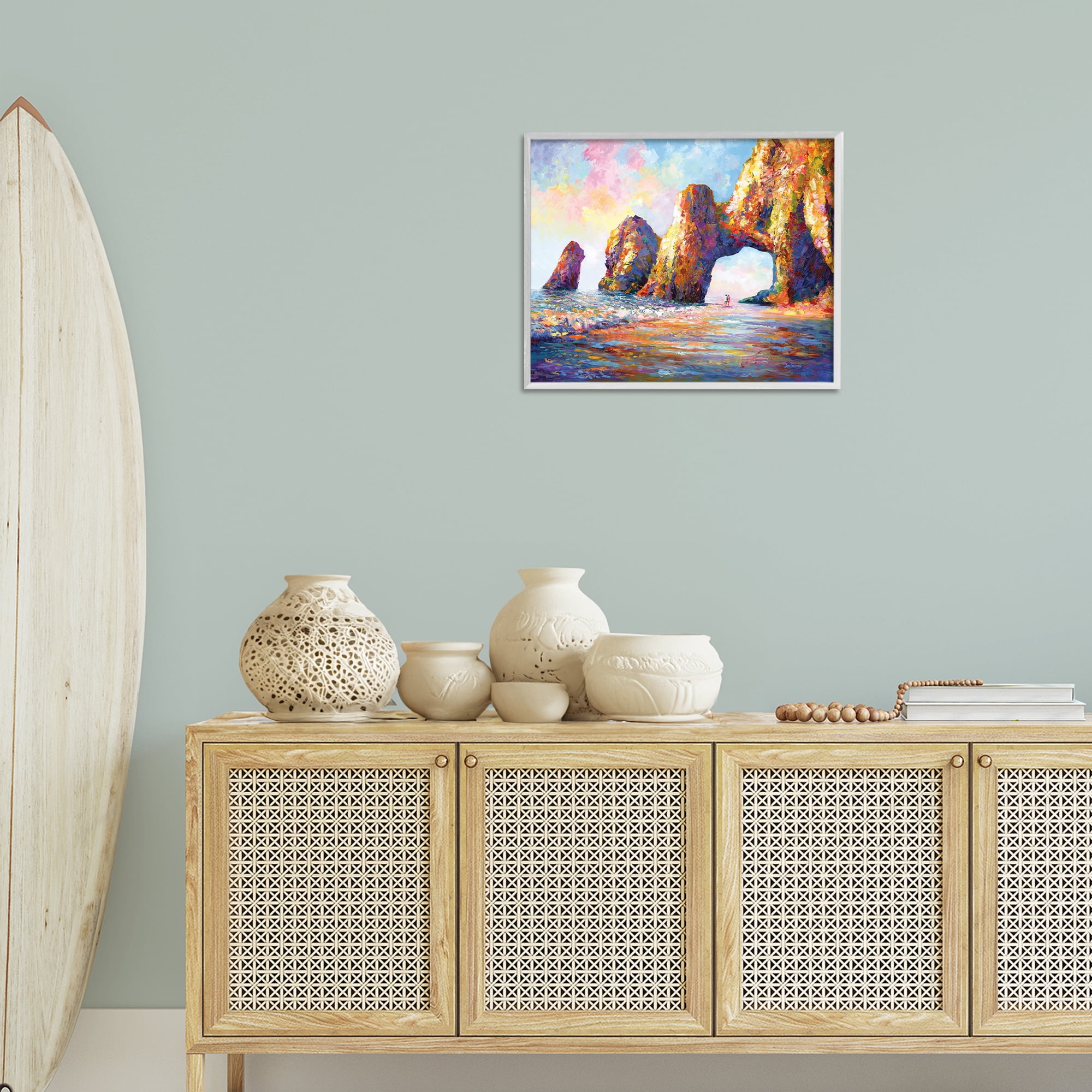 Stupell Industries Couple Strolling Beach Arch Landscape Painting White Framed Art Print Wall Art, 20 x 16