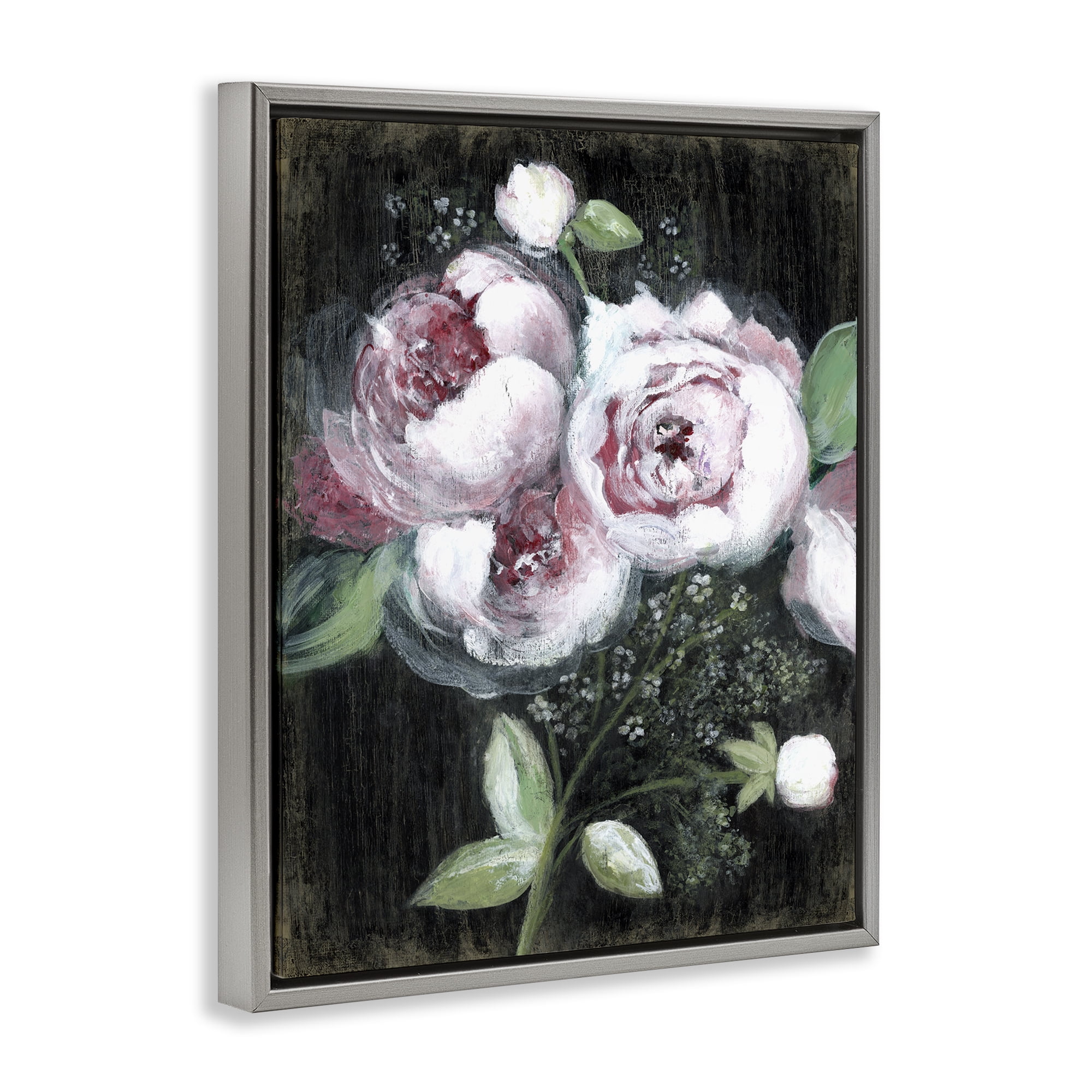 Stupell Industries Moody Roses on Black Plants & Flowers Painting Gray Floater Framed Canvas Art Print Wall Art, 25 x 31