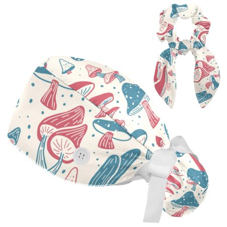 

Working Cap with Buttons and Sweatband Scrub Hat Bouffant Caps with Scrunchie Mushroom Tie Back Hats