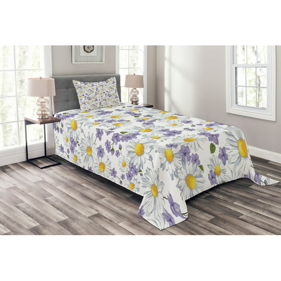 Ambesonne Floral Quilted Bedspread Set 2 Pcs, Blossoming Wild Flowers, Twin Size, White Yellow Purple