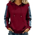 thumbnail image 6 of Denim Patchwork Hoodies for Women Loose Hooded Drawstring Pullover Sweatshirt Fall Long Sleeve Casual Tops with Pockets, 6 of 6