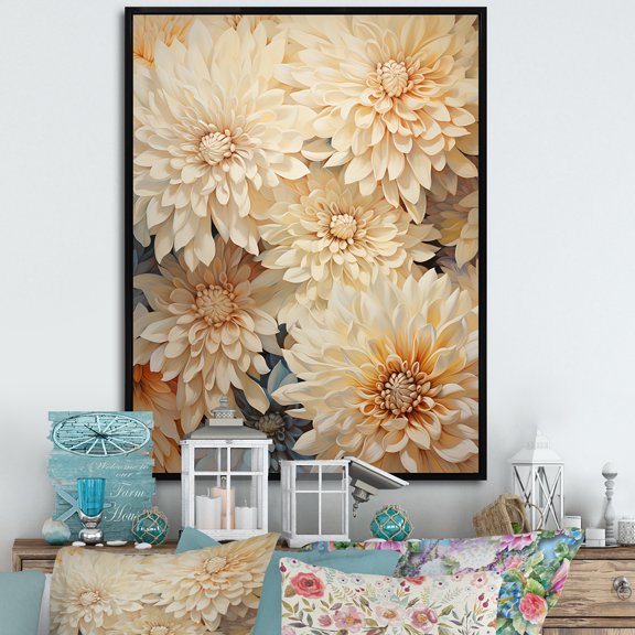 Designart "Minimalist Beige And Gold Mums Painting I" Mums Floater Framed Wall Art Living Room