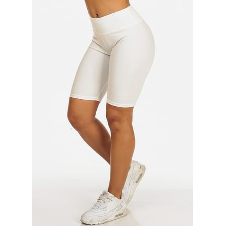 Womens Juniors Fashion Trendy Stretchy Solid White Activewear Gym Yoga Sport Wear Bermuda Biker Shorts 10218W