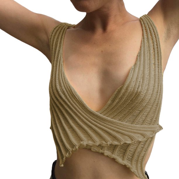 Txlixc Camiseta de verano para mujer con cuello en V profundo sin mangas de punto cruzado Txlixc Sexy