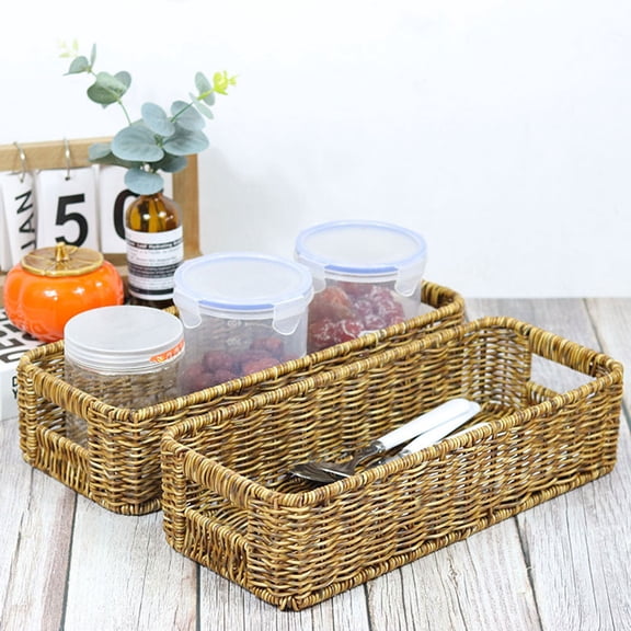 FONDOTIN 2-Pack Rectangle Woven Rattan Storage Baskets with Handles for Kitchen, Shelves, and Home Organization