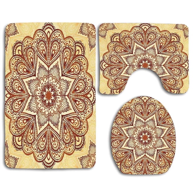 ABPHQTO Mandala Mandala Floral Forma Circular Estilo Vintage Símbolo Espiritual Juego de alfombras de baño de 3 piezas Alfombra de baño Alfombra de contorno y tapa de inodoro ABPHQTO Cont-CHAPPLE-19134