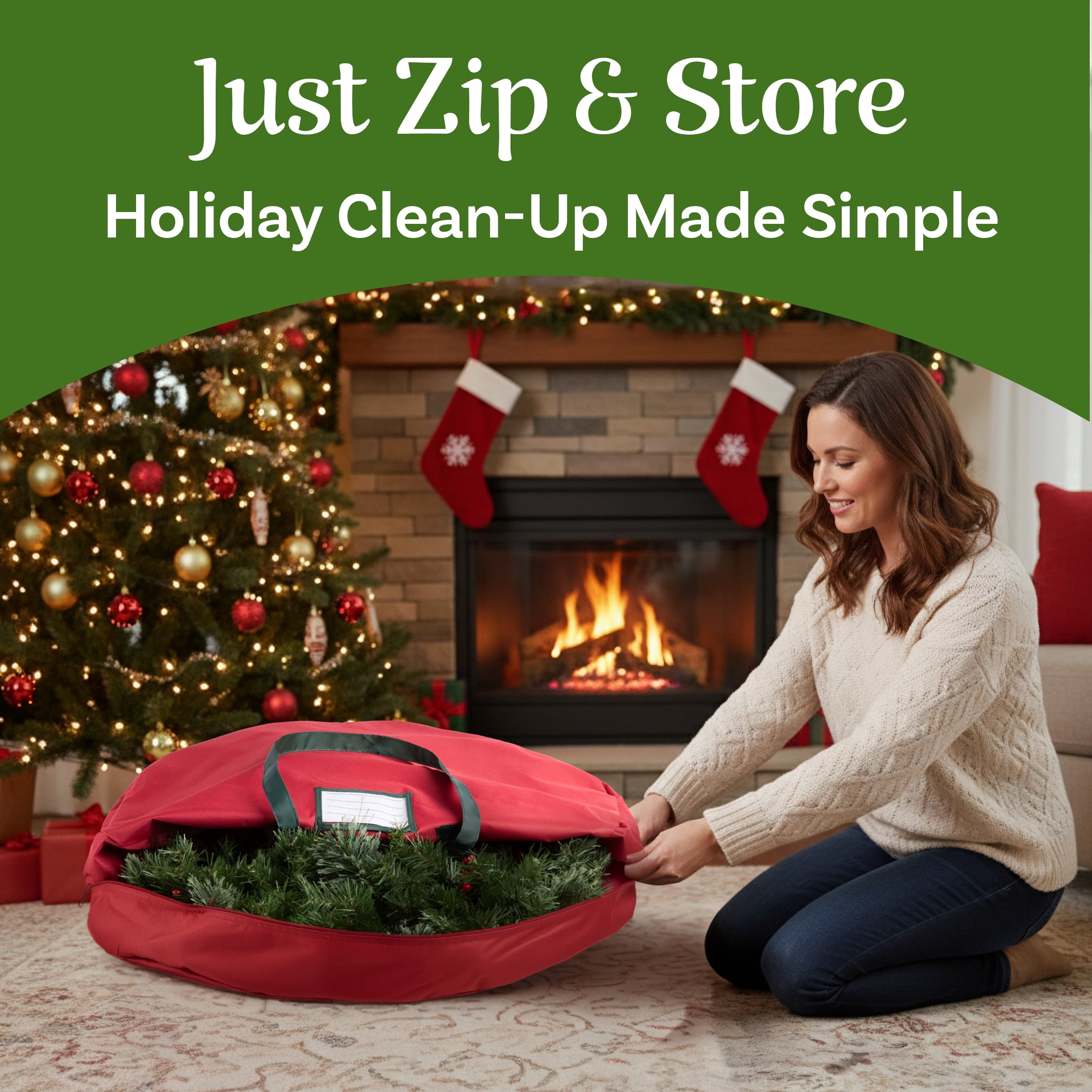 Tiny Tim Totes 30-inch Christmas Wreath Storage Bag with Carrying Handles, Red