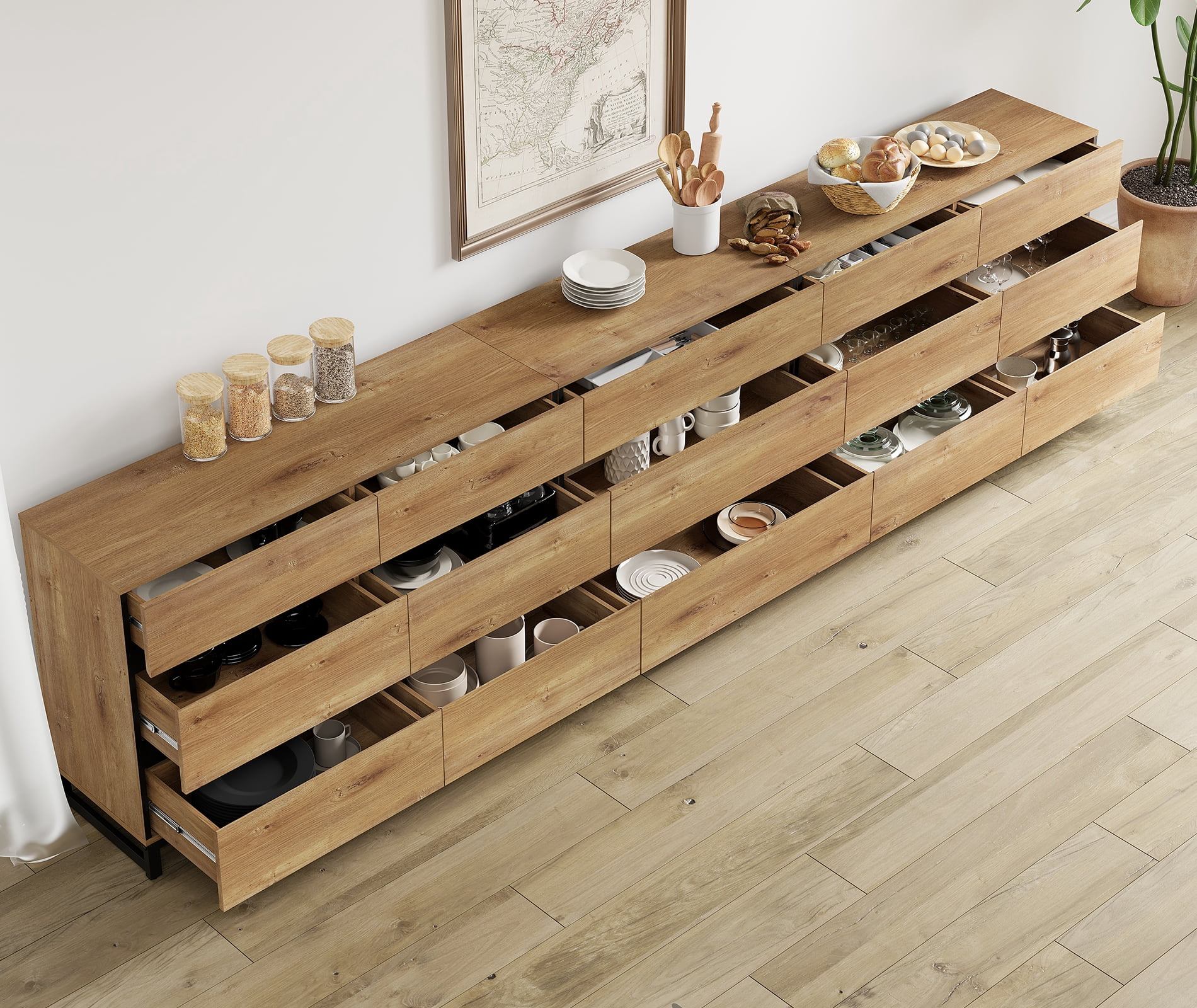 3 In 1 Multifunctional Sideboard Buffet Cabinets With 15 Drawers, Modern Sideboard Credenza With Adjustable Shelf And Metal Base, Coffee Bar Cabinet Storage Cabinet For Living Room, Kitchen