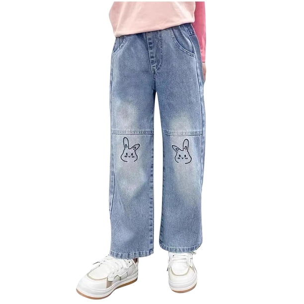 Odeerbi 3-13 Años Chicas Vaqueros Lindo Conejo Bordado Pantalones de Vaquero Casual Cómodos Pantalones Largos de Cintura Elástica