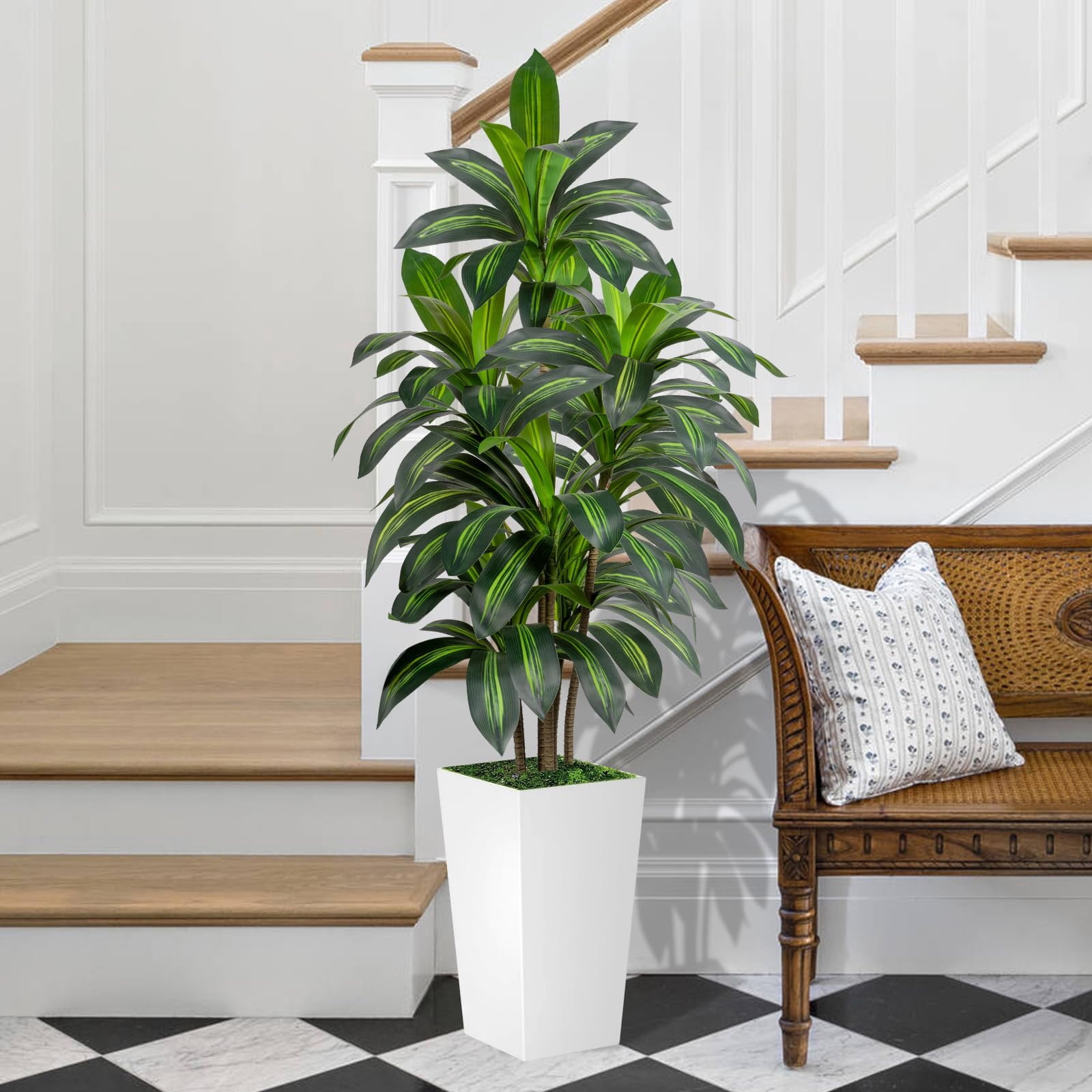 ROMSWI Dracaena Artificial Tree 5ft Tall Pre Potted Dracaena Trees with White Tall Square Planter for Indoor Outdoor Home Office Decor
