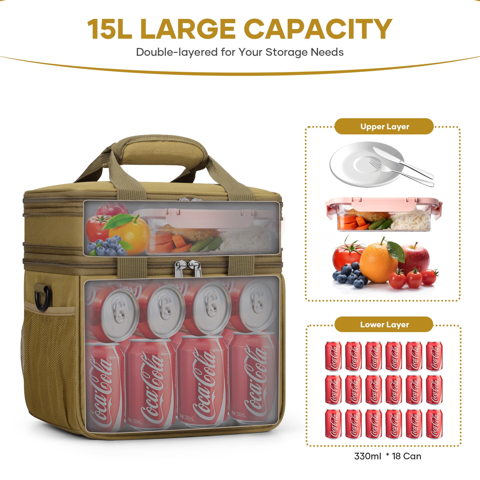 RealCool Lunch Bag, Insulated Lunch Box for Men Women, Double Deck Leakproof Soft Cooler Bag with Adjustable Strap, Lunchbox for Work, Camping Khaki
