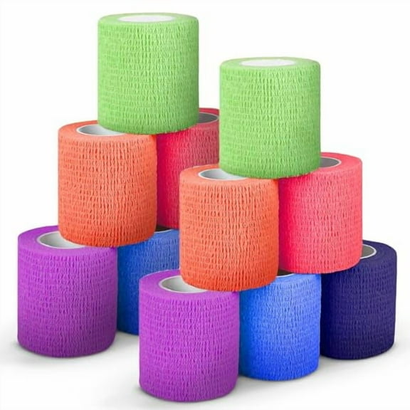 First Aid Self Adherent Cohesive Bandages 3" x 5 Yards - 12 Count,Rainbow Colors