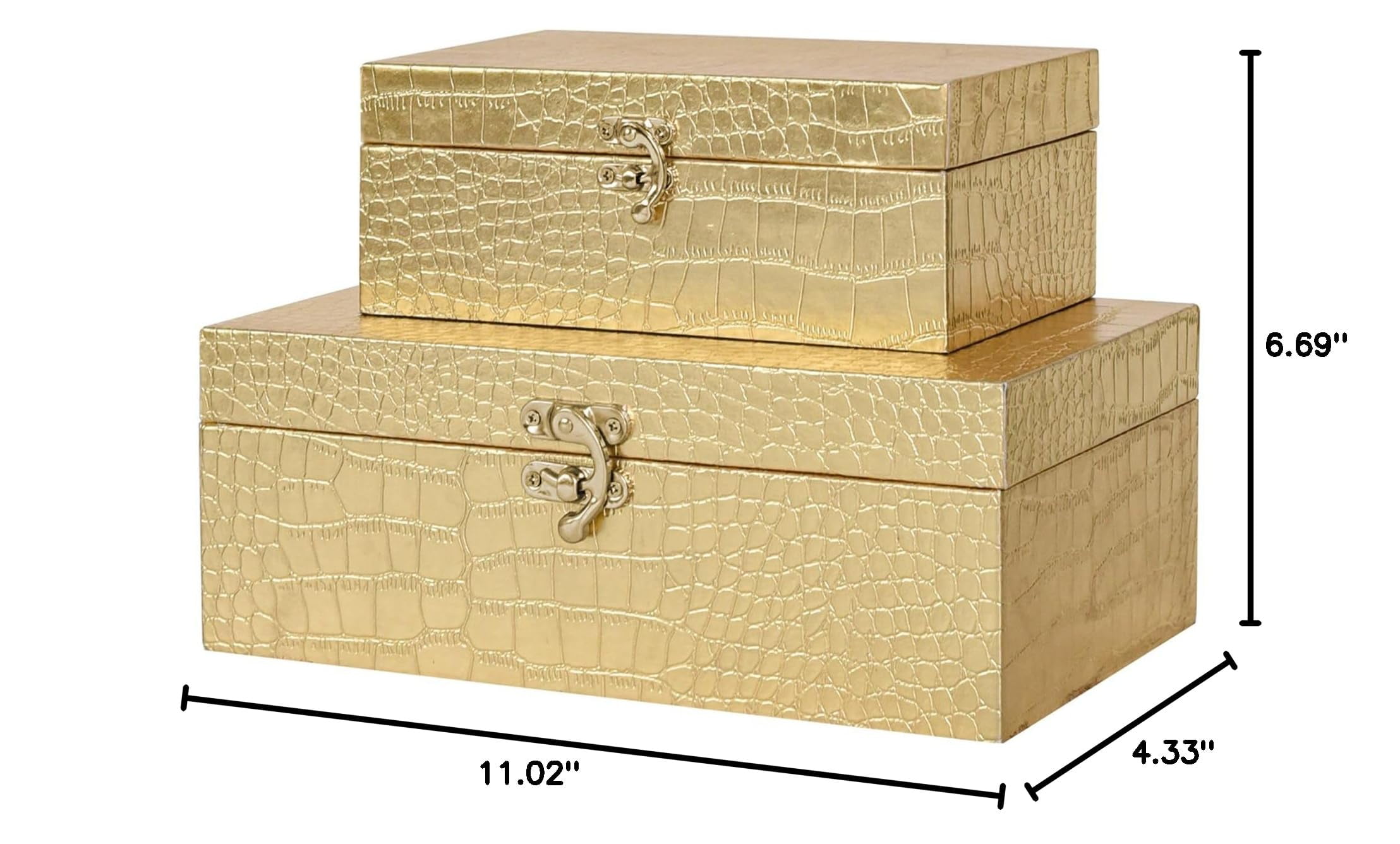 MODE HOME Set of 2 Gold Crocodile Leather and Wood Nesting Storage Boxes, Decorative Keepsake Chests with Clasps