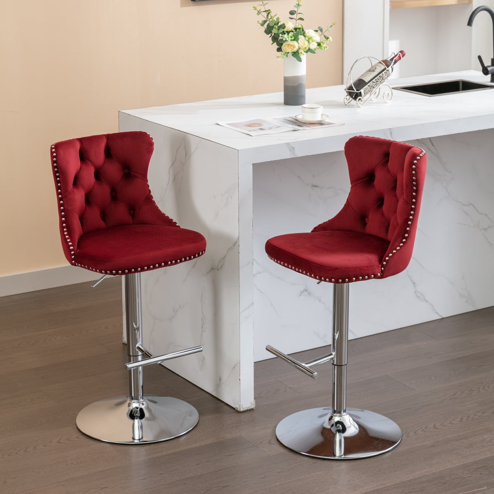 MAYEERTY Swivel Velvet Barstools - Adjustable Seat Height 25-33 Inch, Chrome Base, Tufted Backs, Wine Red/Burgundy, Set of 2