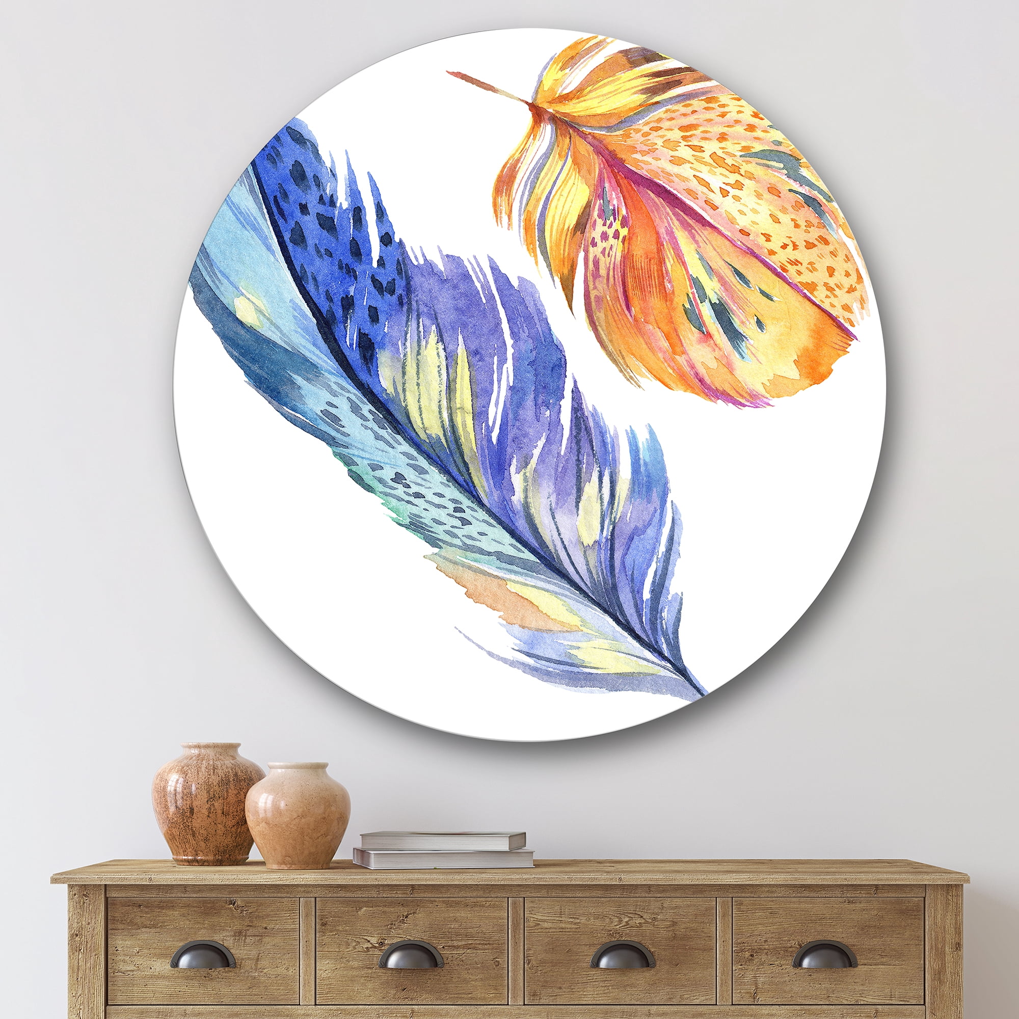 Designart 'Colorful Blue and Golden Bird Feather From Wing' Bohemian & Eclectic Circle Metal Wall Art 36x36 - Disc of 36