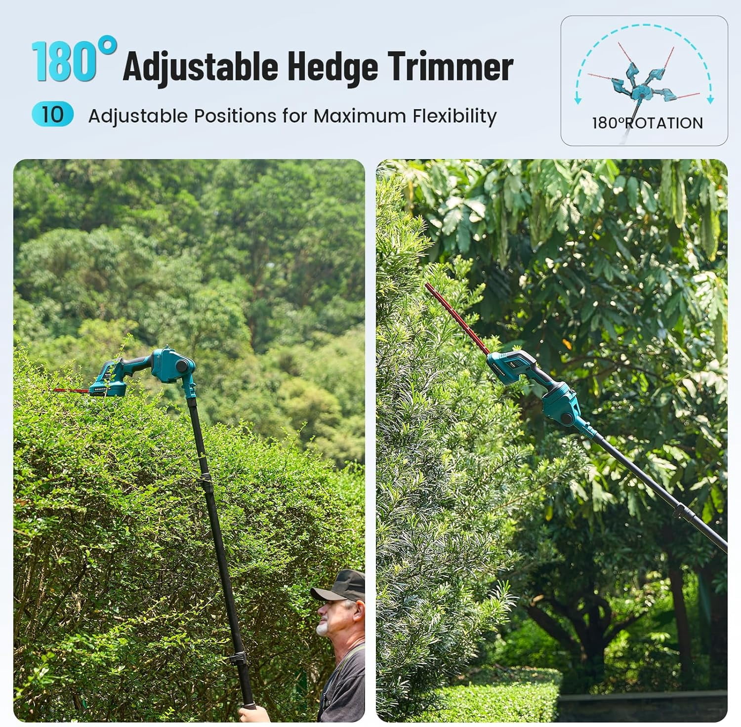 Seesii 3-in-1 Cordless Pole Hedge Trimmer, 21V Electric Hedge & Grass Trimmer with 2*4.0Ah Rechargeable Batteries, 16ft Reach, Extended Pole with 180° Adjustable Angle for High Shrubs, Bush and Grass