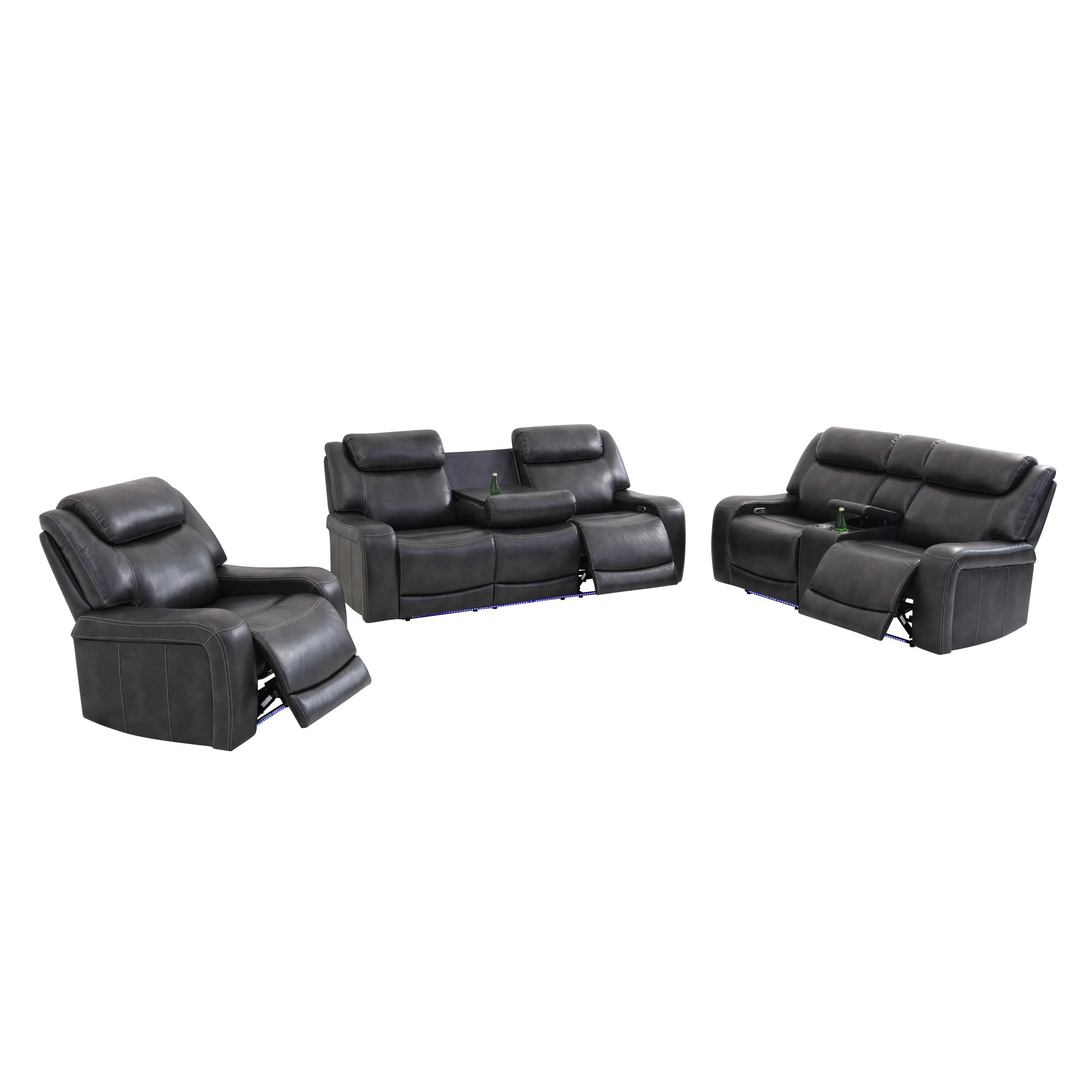 Gewnee 3‑Piece Power Recliner Sofa Set, Air Leather Upholstery, Adjustable Recline with USB Port, Flip‑Up Center Console, Storage Bin, Cup Holders & LED Ambient Light, Living Room Furniture, Black