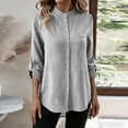 thumbnail image 2 of Mandarin Stand Collar Full Button Up Roll Tab Sleeve Chest Pocket Asymmetric High Low Hem Crinkle Cotton Linen Shirt for Women Spring Summer Casual Office Wear, 2 of 9
