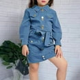 thumbnail image 2 of Odeerbi Kids Girls Two Pieces Cargo Skirt Set Lapel Collar Shirt High Waisted Skirt Set Fashion Solid Color Lapel Long Sleeve Short Skirt Suit Blue, 2 of 5