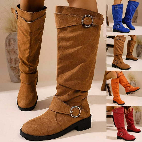 Lovzfmll Knee High Boots Women, Stacked Wide Calf Snow Boots Suede Belt Buckle, Faux Fur Lined Block Low Heel Round Toe Winter Motorcycle Warm Brown Boots