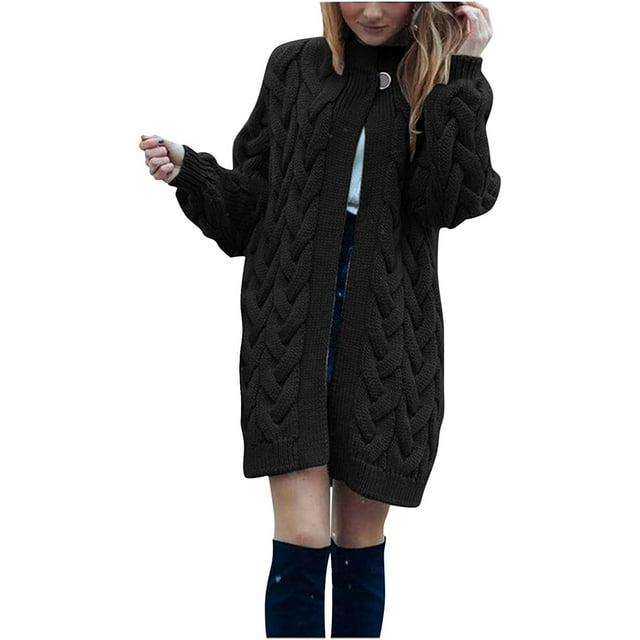 Pompotops Women Casual Long Sleeve Solid Color Button Open Stitch Coat Cardigans Long Outwear Top