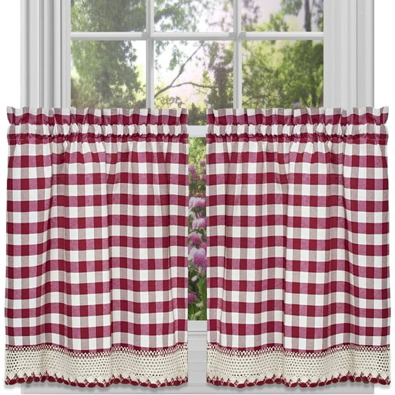 Sweet Home Collection Kitchen Window Curtain Panel Treatment Decorative Buffalo Check Design, 36" Tier, Burgundy (Pack of 24)