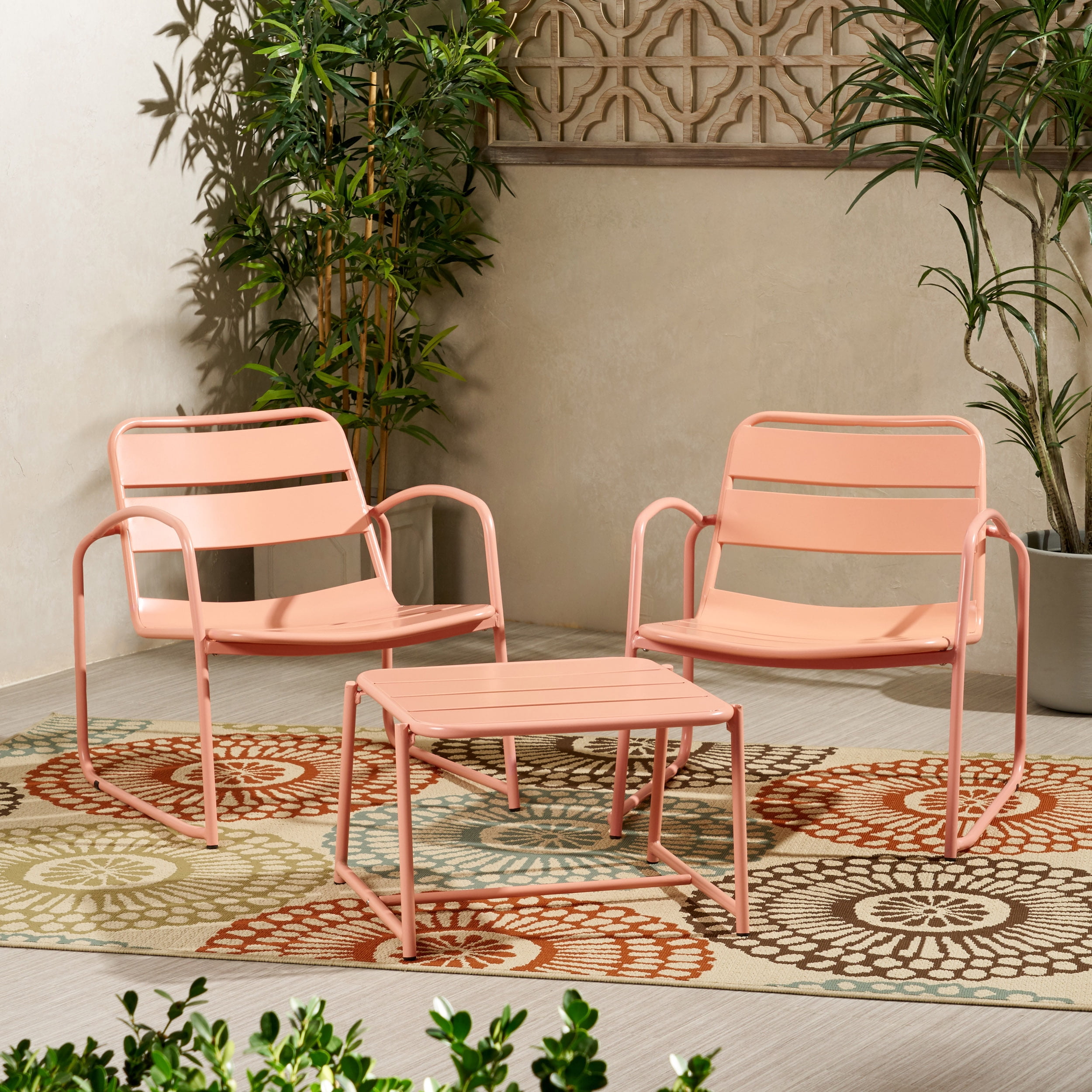 Calvert Outdoor Modern 2 Seater Iron Chat Set, Matte Coral
