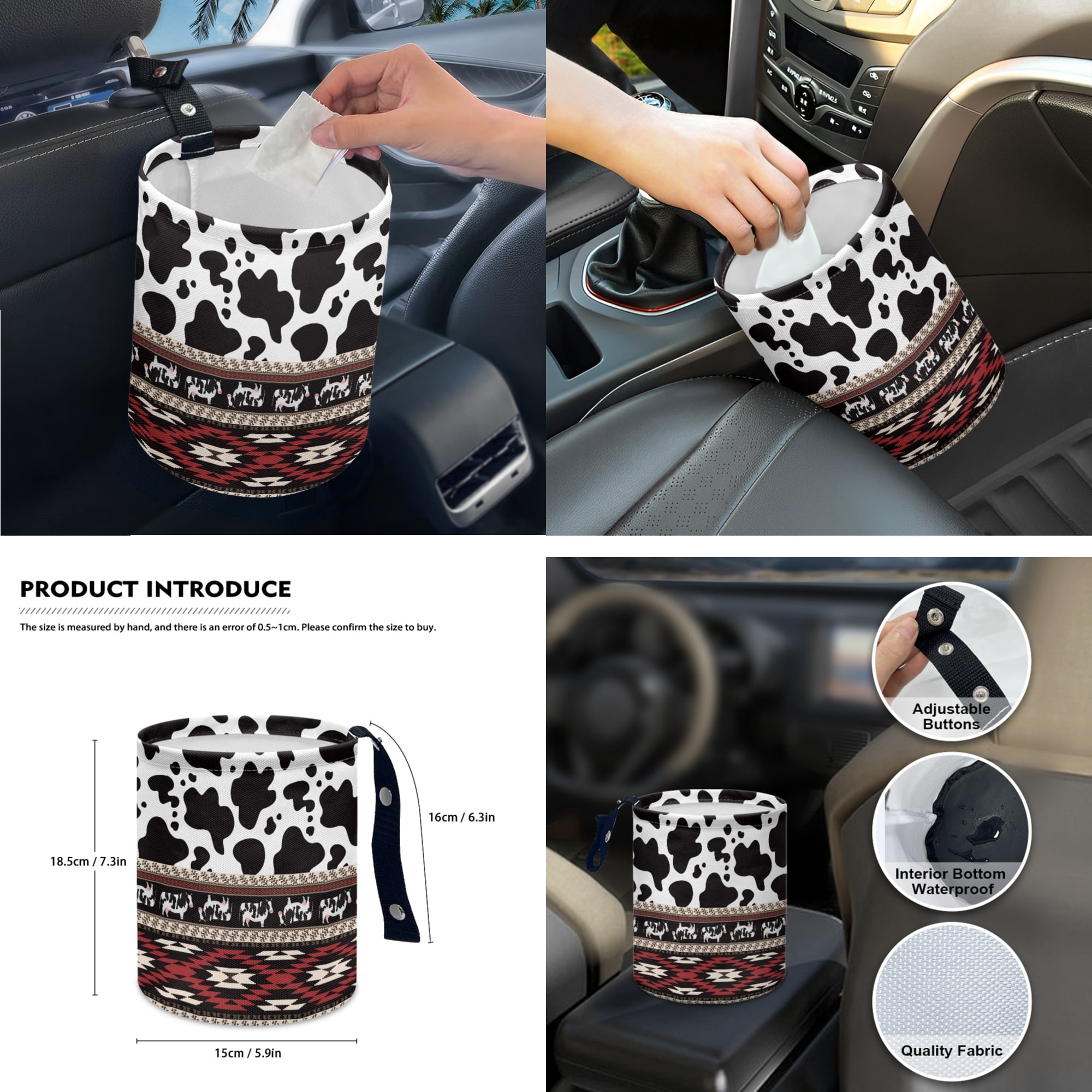 Yuyamidu Red Aztec Car Seat Covers Full Set with Steering Wheel Cover Safe Belt Pads Handbrake Cover Cup Mat Garbage Bin Rearview Mirror Cover Center Console Cover 14 PCS Cow Print Auto Accessories