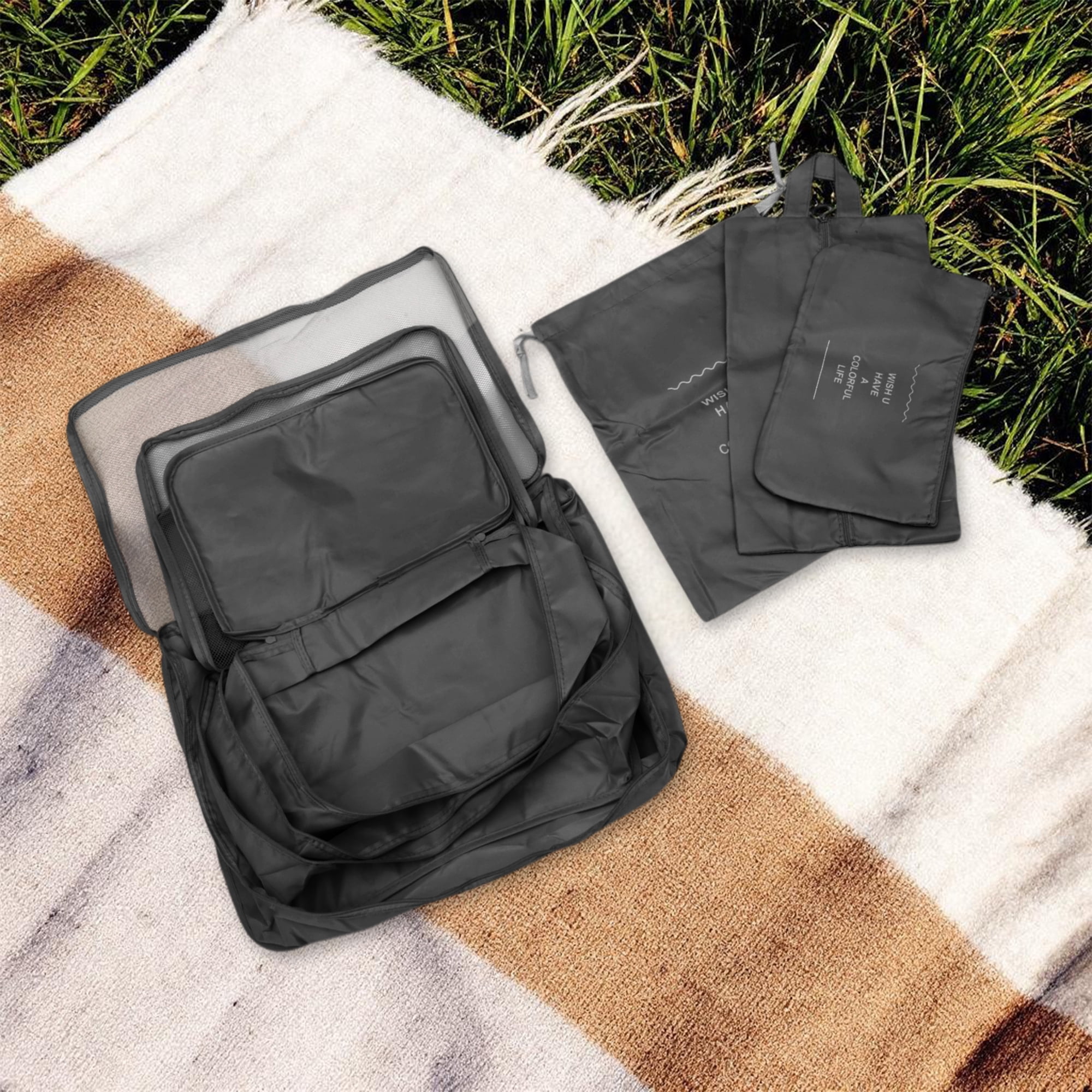 Unique Bargains Portable Packing Cube Set with 7 Different Sized Bags Black