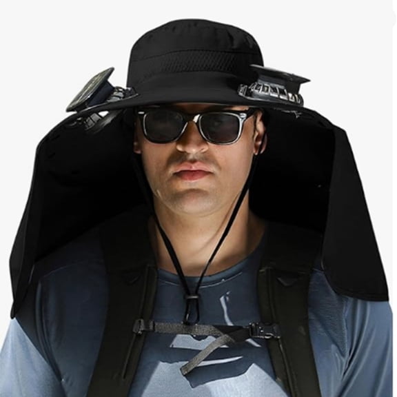 Wide Brim Solar Fan Hat, Fishing Hat with 2 Solar Fan, Fan Hat with Rechargeable Battery, ,UPF51 Sun Hat with Neck Flap,Outdoor Sun Hats, Fishing & Beach Hat,Hiking