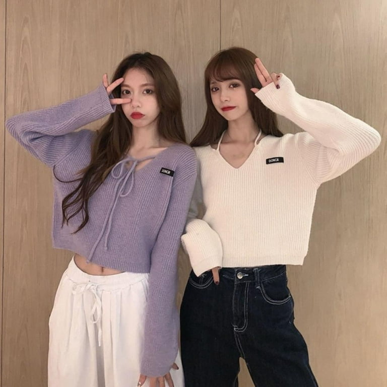 Long Sleeved Loose V-Neck Tie Sweater Long Sleeved Loose V-Neck Tie Sweater