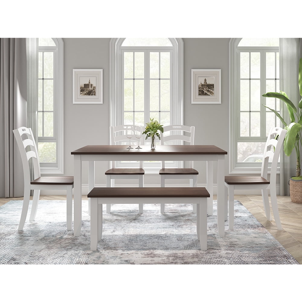 Lowestbest 6-Piece Dining Table Sets, Classic Style Rectangular Table & 4 Chairs & a Bench with Waterproof Coat, Ivory and Cherry Lowestbest 6-Piece Dining Table Sets, Classic Style Rectangular Table & 4 Chairs & a Bench with Waterproof Coat, Ivory and Cherry