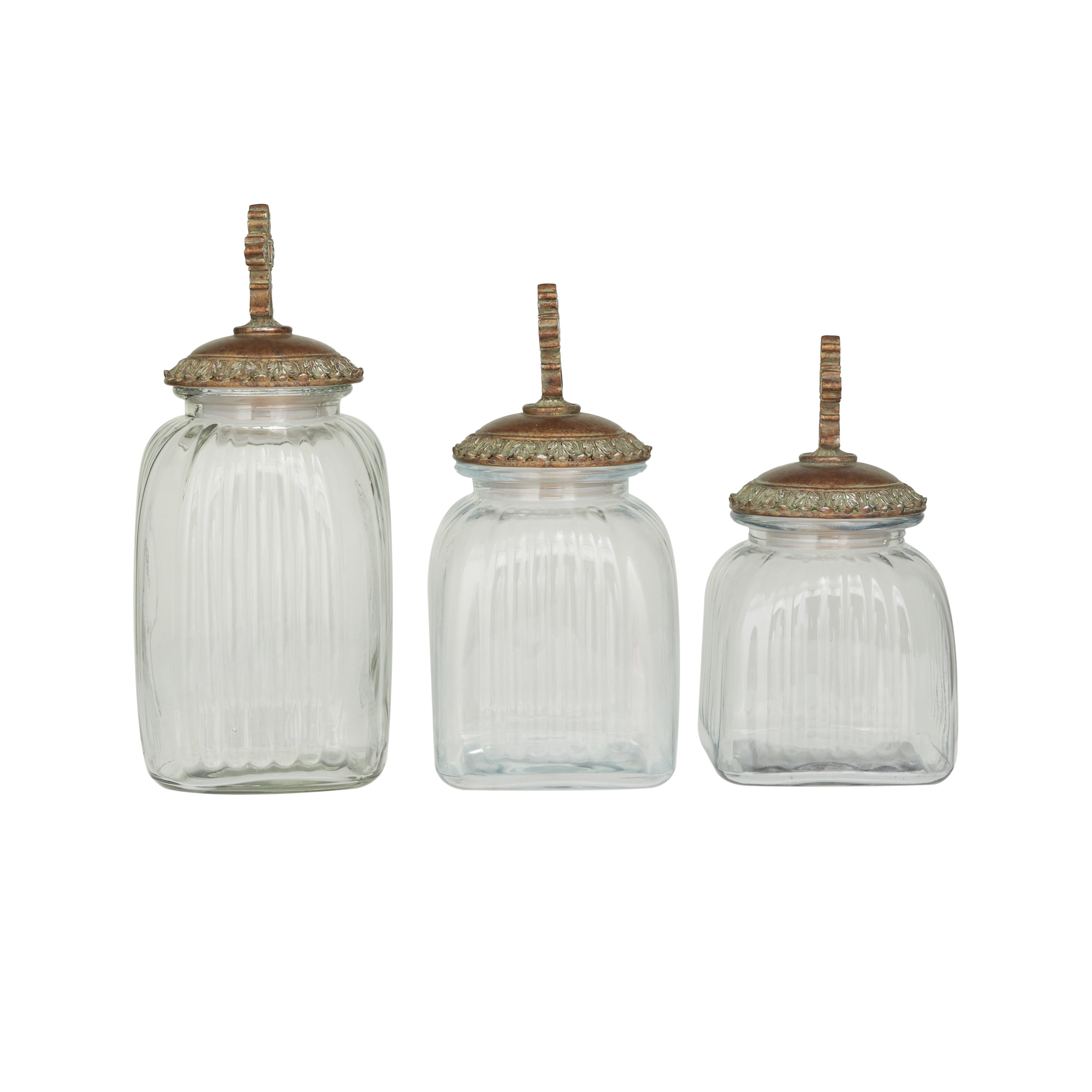 DecMode 15", 13", 11"H Clear Glass Biblical Decorative Jars with Cross Lids, 3-Pieces