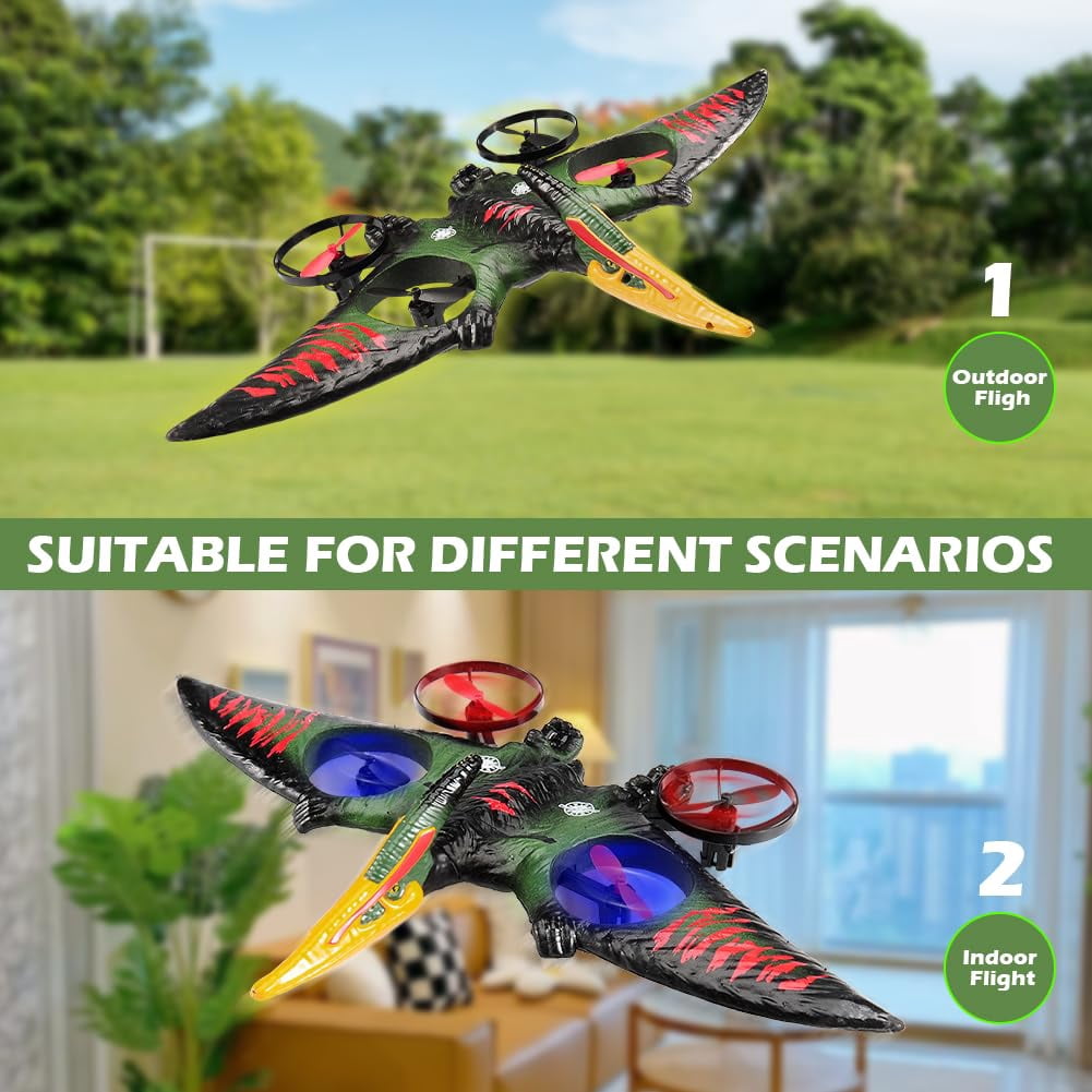 Remote Control Dinosaur Pterosaur RC Plane w/ Headless Mode, Altitude Hold, LED Light, for Kids
